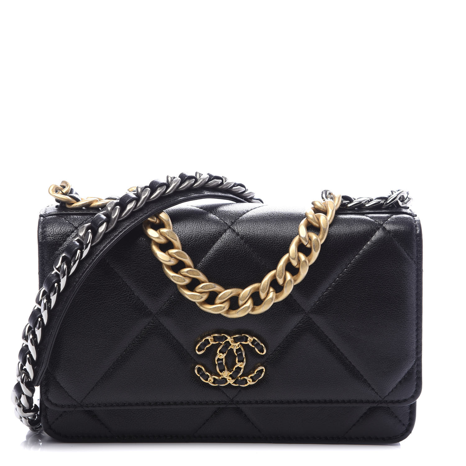 CHANEL Lambskin Quilted Chanel 19 Wallet On Chain WOC Black 617504