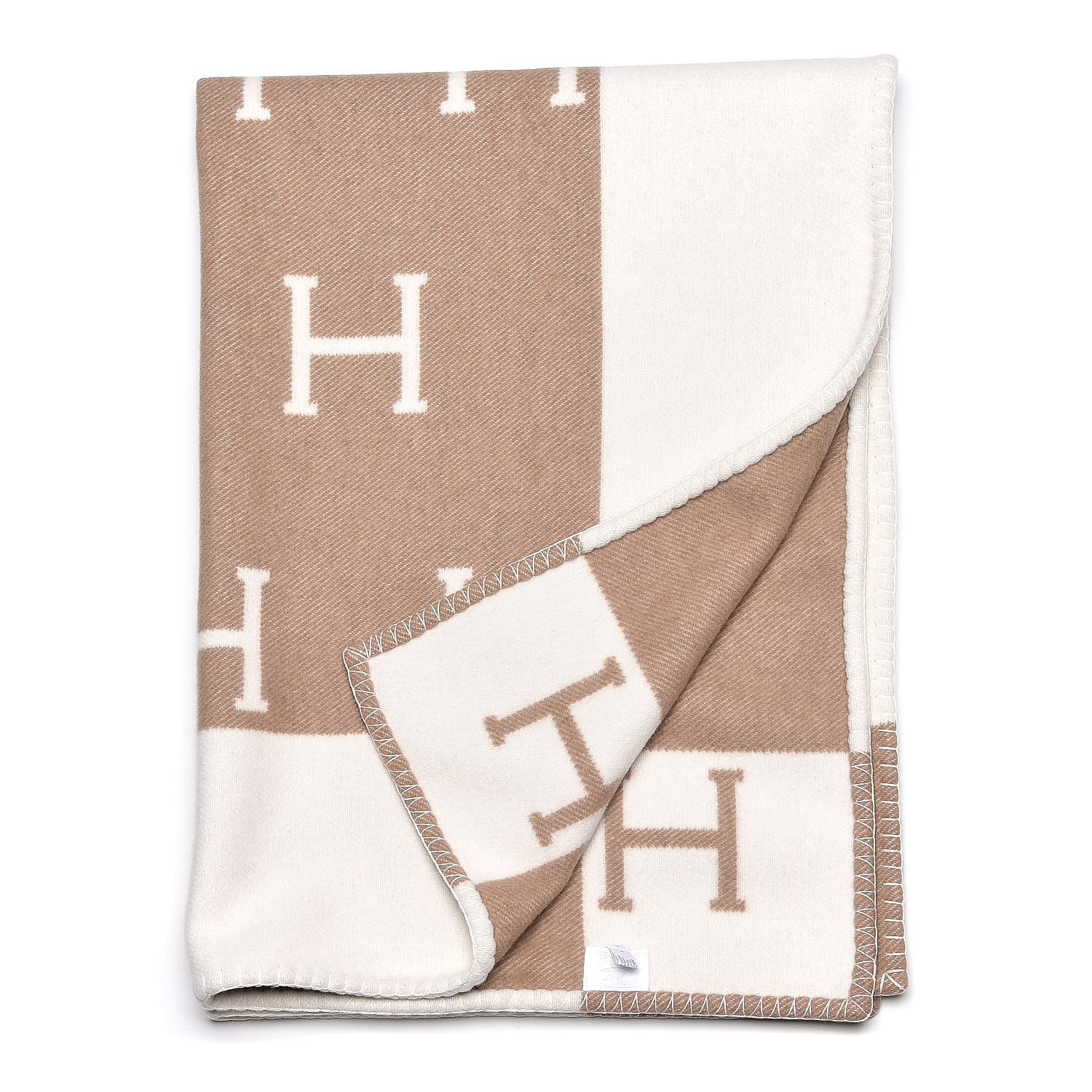 HERMES Wool Cashmere Avalon Baby Blanket Noisette Moyen White 482169