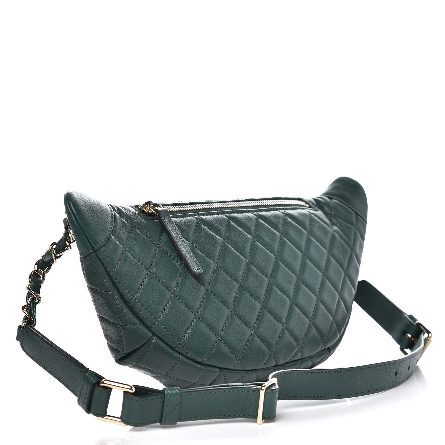 CHANEL Metallic Calfskin Quilted Banane Waist Bag Fanny Pack Dark Green ...