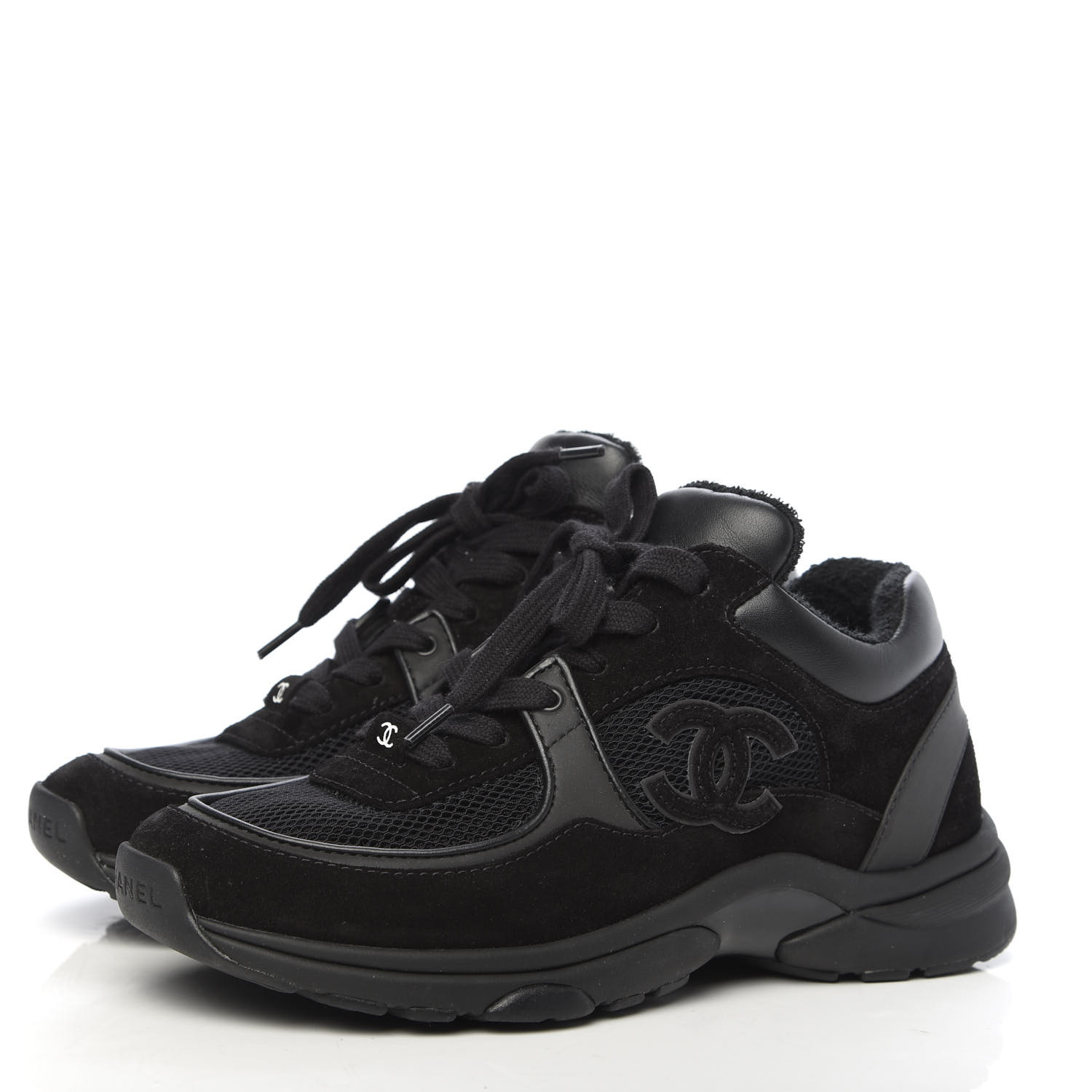 CHANEL Fabric Calfskin Suede CC Sneakers 35.5 Black 682058 | FASHIONPHILE