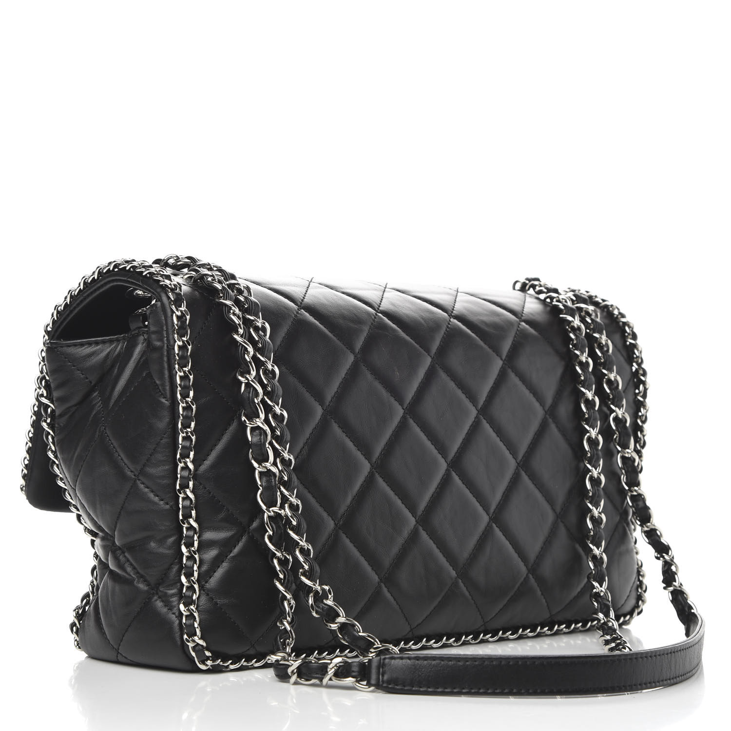 CHANEL Crumpled Calfskin Quilted Large Chain All Over Flap Bag Black ...