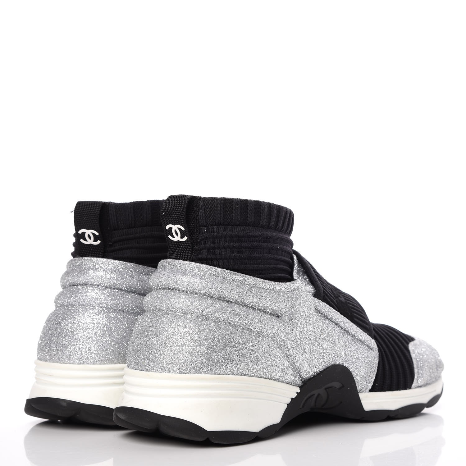 CHANEL Glitter Stretch Fabric CC Sneakers 36 Black Silver 275193