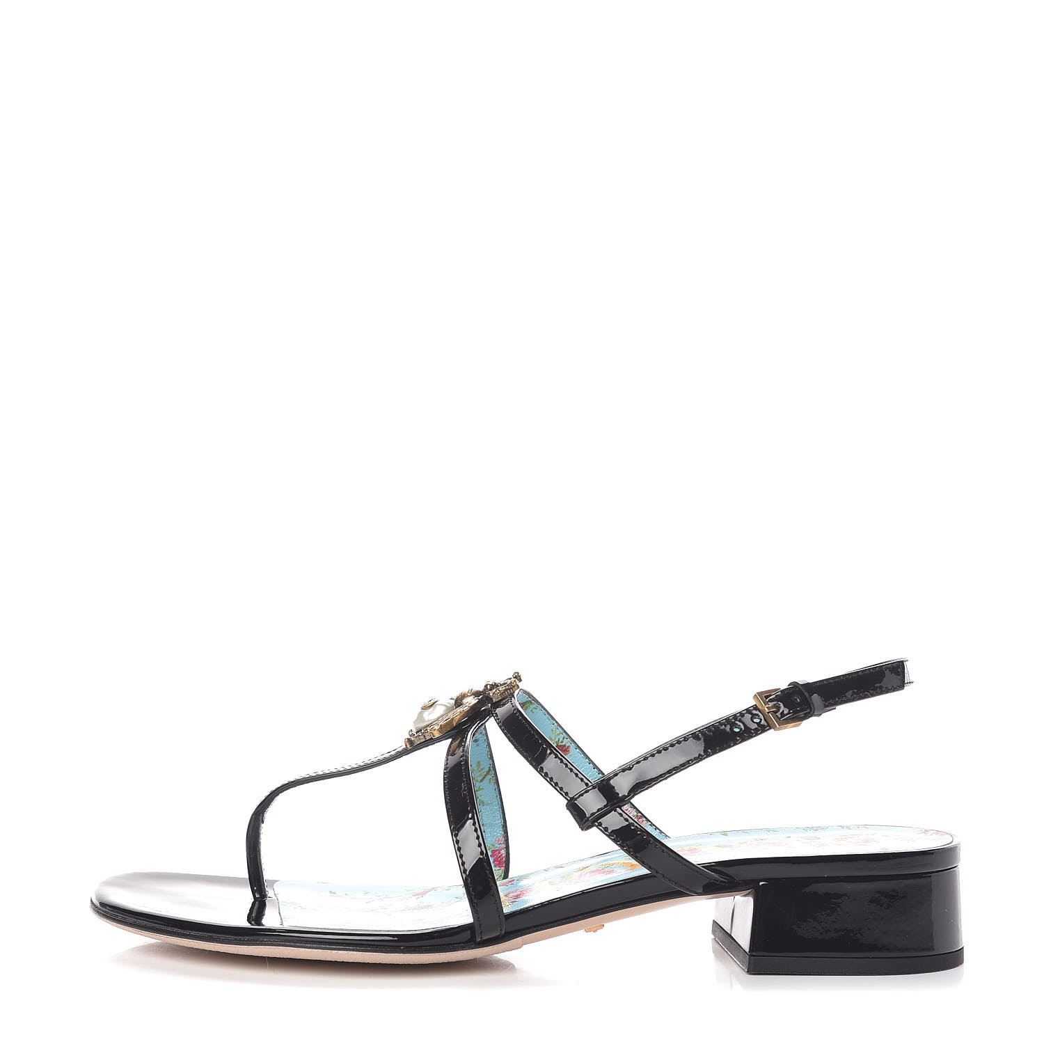 GUCCI Patent Calfskin Bee Sandals 37 Black 455456