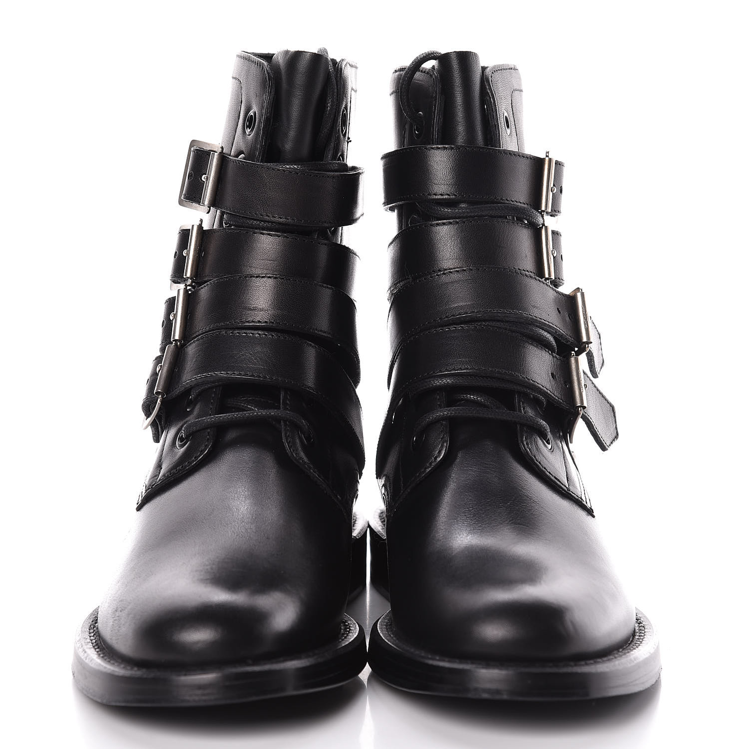SAINT LAURENT Smooth Calfskin Studded Strap Rangers Boots 37 Black 454256