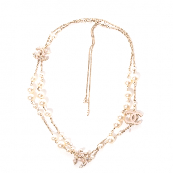 CHANEL Crystal Pearl Enamel Camellia CC Long Necklace Gold 73682