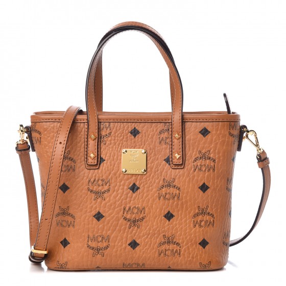 MCM Visetos Mini Anya Top Zip Shopper Tote Cognac 331037