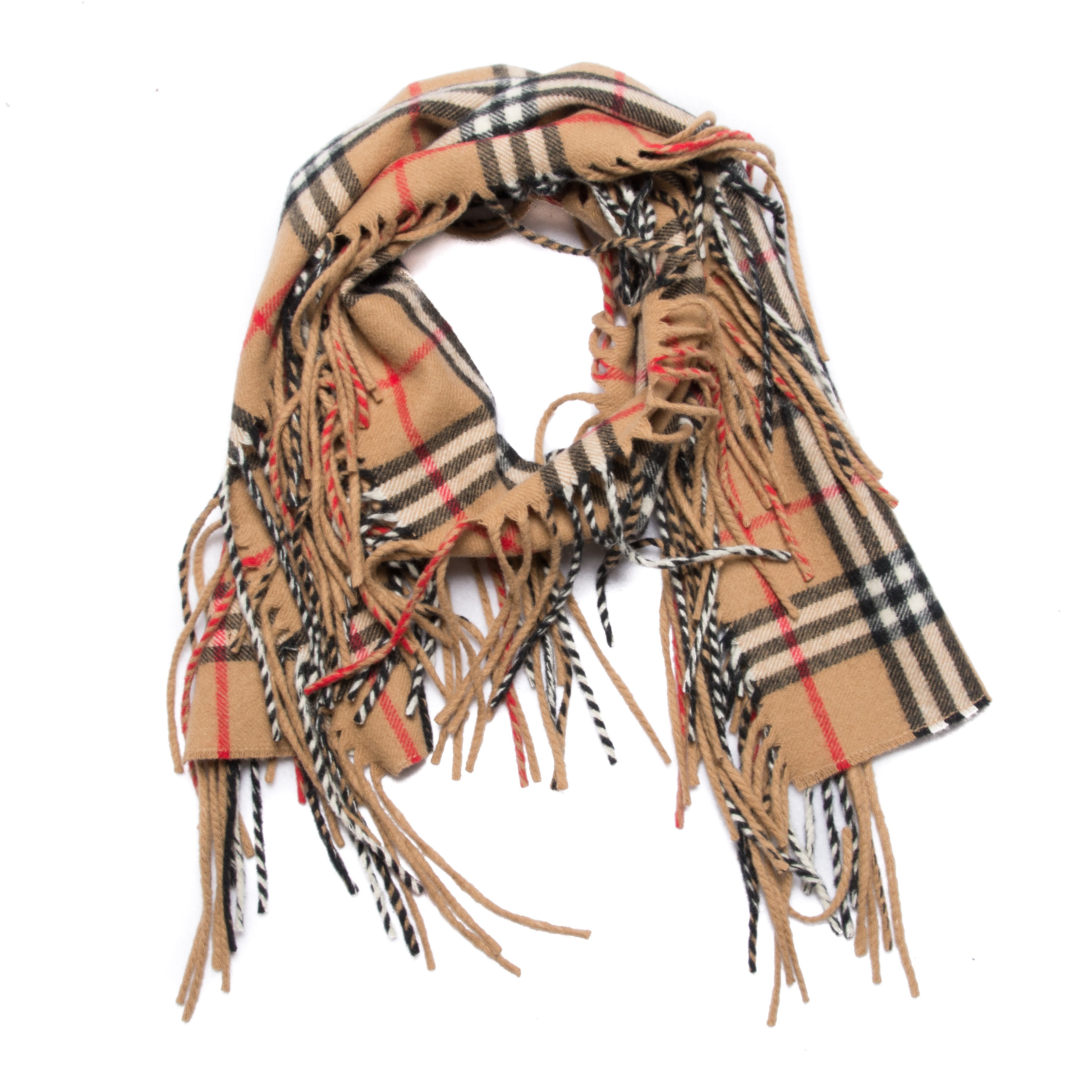 BURBERRY Cashmere House Check Fringe Scarf Camel 174808