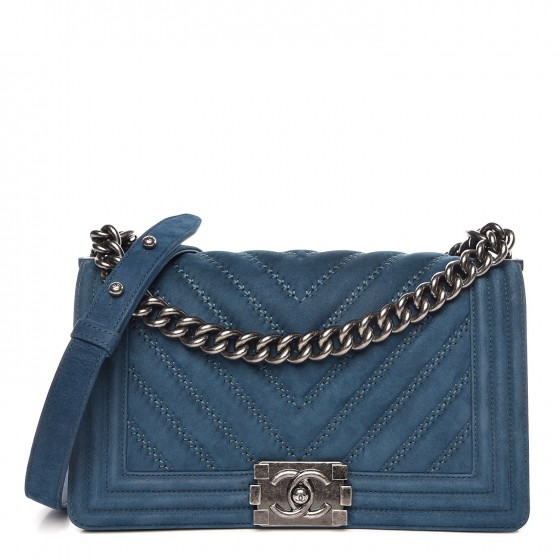 CHANEL Nubuck Chevron Quilted Medium Boy Flap Blue 345995