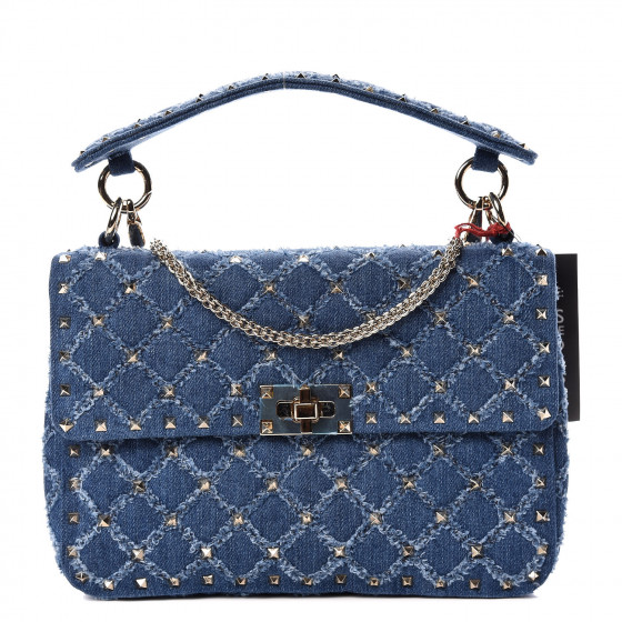 VALENTINO Denim Medium Rockstud Spike Shoulder Bag Blue 419391