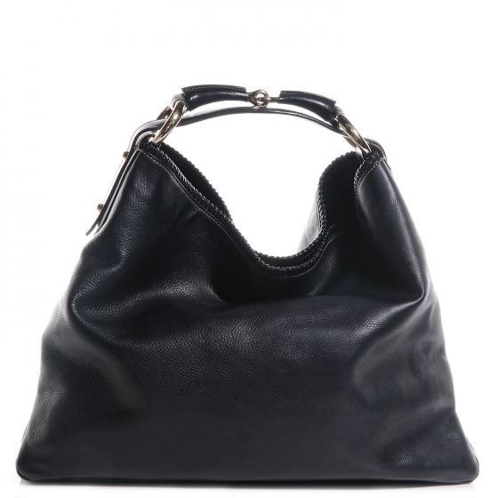 GUCCI Leather Large Horsebit Chain Hobo Navy 61051