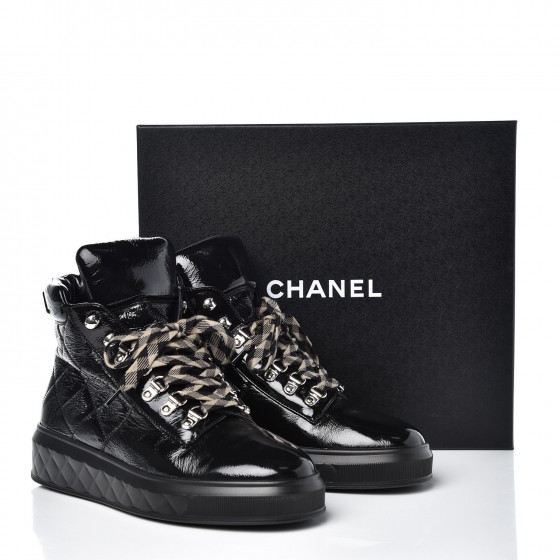 CHANEL Patent Calfskin Quilted Womens High Top Sneakers 39.5 Black ...