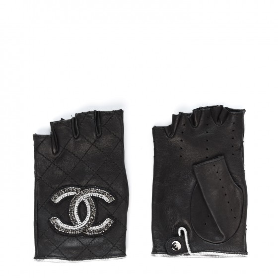 CHANEL Lambskin Stitched Fingerless CC Embellished Gloves 7 Black 312962