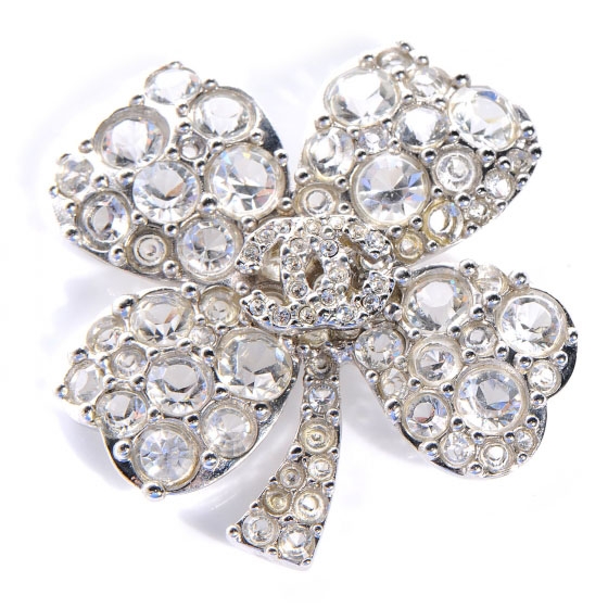 CHANEL Crystal CC 4 Leaf Clover Brooch Silver 58205