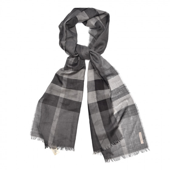 BURBERRY Wool Silk Gauze Giant Exploded Check Scarf Charcoal 382189