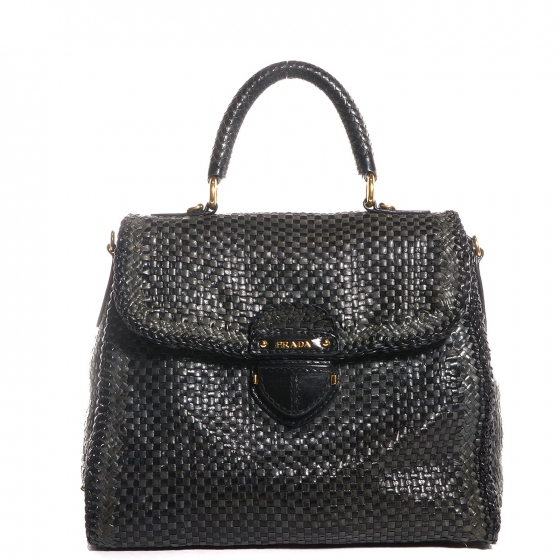 PRADA Woven Goatskin Madras Top Handle Satchel Baltico Nero 80420