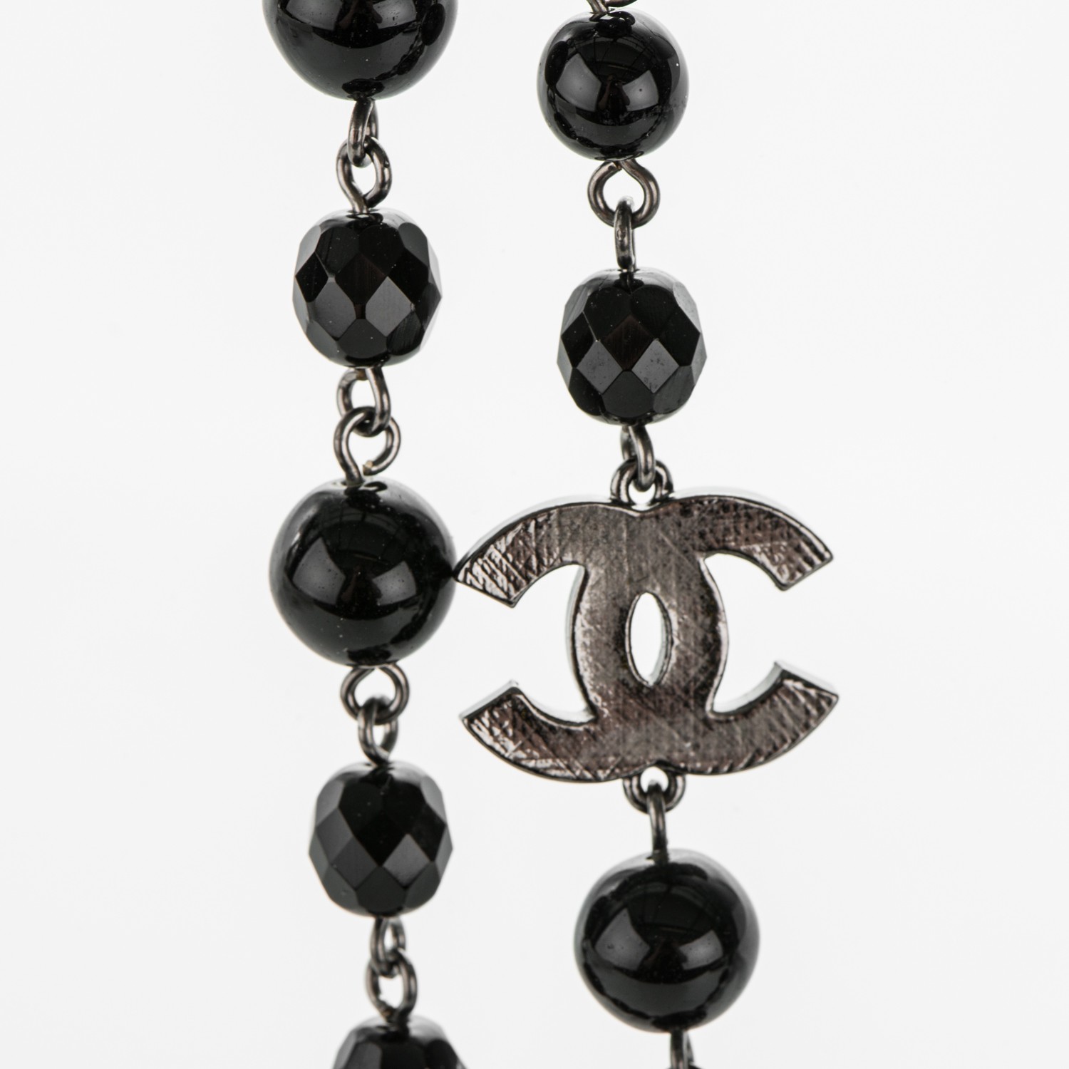 CHANEL Ruthenium Beaded CC Long Necklace Black 177330