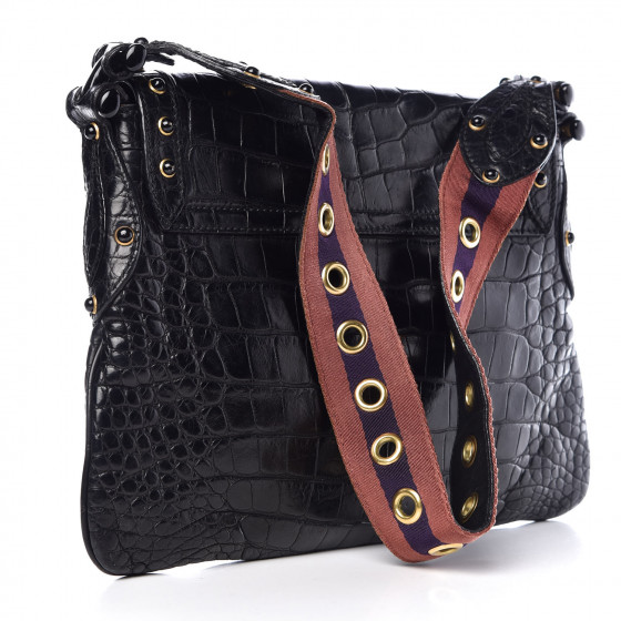 GUCCI Crocodile Studded Pelham Borchie Flap Bag Black 357793