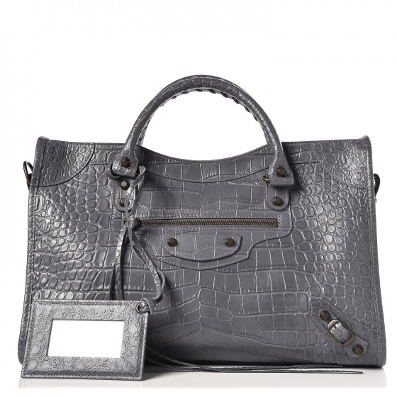 BALENCIAGA Crocodile Embossed Calfskin Classic City Gris Beton 267988