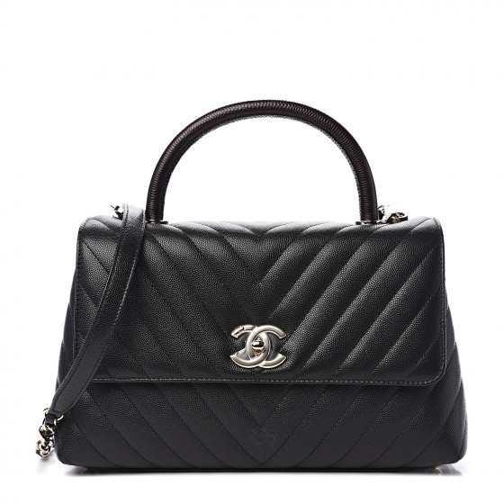 CHANEL Caviar Lizard Embossed Quilted Small Coco Handle Flap Black 542955