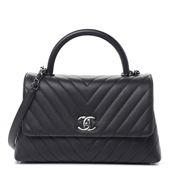 CHANEL Caviar Chevron Quilted Small Coco Handle Flap Dark Grey 497532