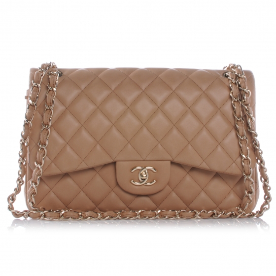 CHANEL Lambskin Jumbo Double Flap Dark Beige 39357