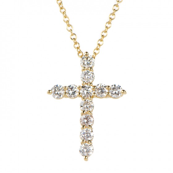 TIFFANY 18K Yellow Gold Diamond Small Cross Pendant Necklace 132920 ...