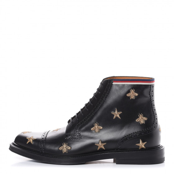 GUCCI Calfskin Mens Embroidered Bee Star Brogue Boots 7.5 Black 434406