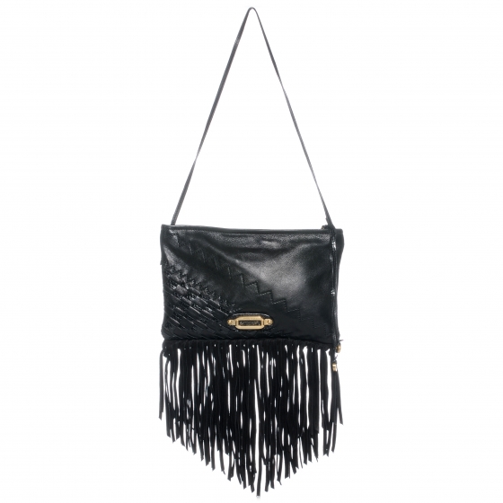 JIMMY CHOO Leather Suede Fringe Tita Convertible Clutch Black 41180