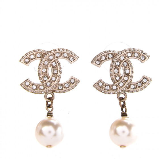 CHANEL Crystal Pearl CC Drop Earrings Gold 544380