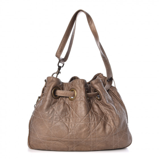 CHRISTIAN DIOR Lambskin Cannage Quilted Drawstring Bag Bronze 402196