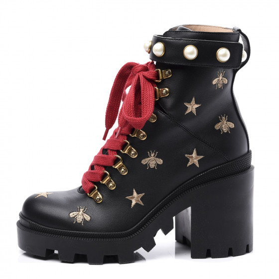 GUCCI Calfskin Bee Star Embroidered Lace Up Combat Ankle Boots 37 Black ...