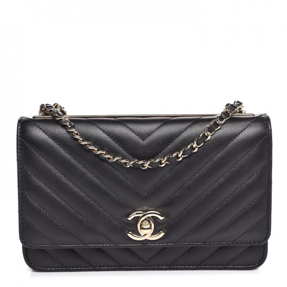 CHANEL Lambskin Chevron Quilted Trendy CC Wallet On Chain WOC Black 392446