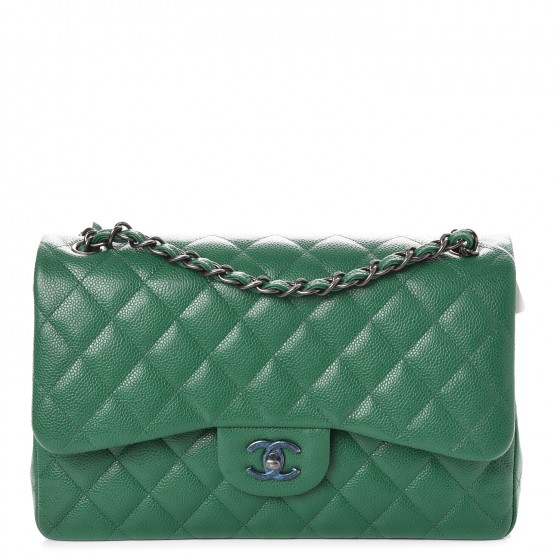 CHANEL Caviar Quilted Jumbo Double Flap Green 249866