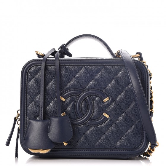 CHANEL Caviar Quilted Medium CC Filigree Vanity Case Navy 250141