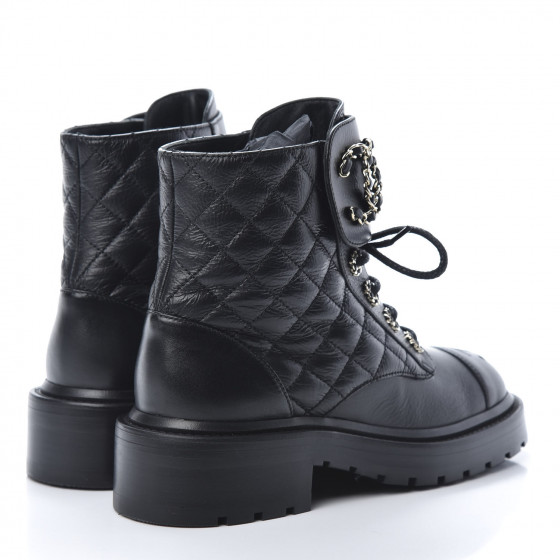 CHANEL Shiny Goatskin Calfskin Quilted Lace Up Combat Boots 35 Black ...
