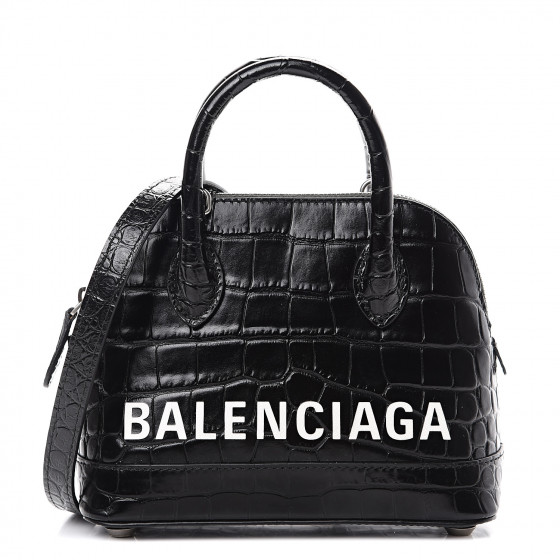 BALENCIAGA Calfskin Crocodile Embossed XXS Ville Top Handle Bag Black ...