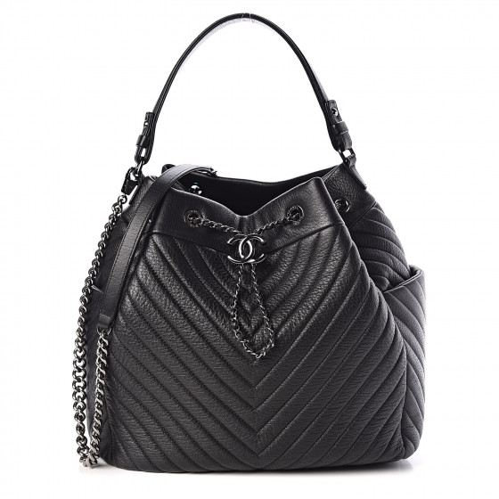 CHANEL Deerskin Chevron Large CC Chain Bucket Drawstring Bag Black 419404