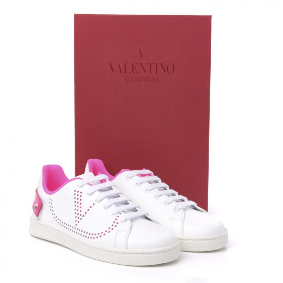 Valentino Calfskin Perforated V Rockstud Sneakers 35.5 White Pink 612638