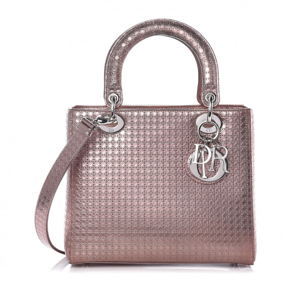 CHRISTIAN DIOR Metallic Calfskin Micro Cannage Medium Lady Dior Pink 383700