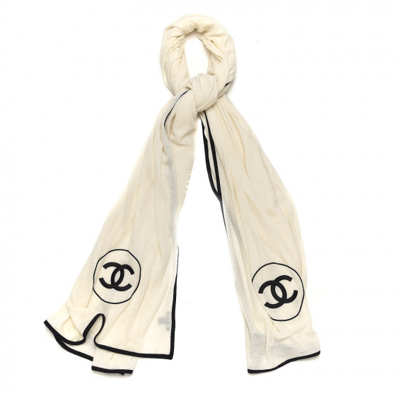 CHANEL Cashmere Silk CC Scarf Black White 415410 | FASHIONPHILE