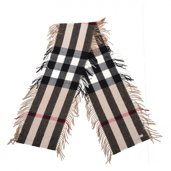 BURBERRY Wool Cashmere Half Mega Check Happy Fringe Scarf ...