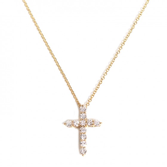 TIFFANY 18K Yellow Gold Diamond Small Cross Pendant Necklace 102267