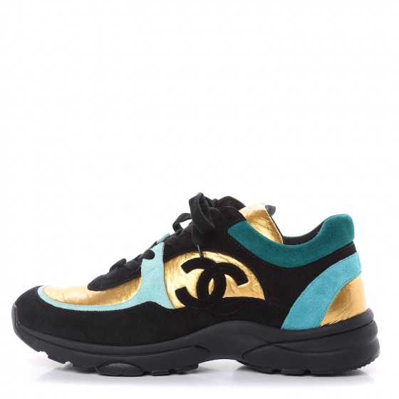 CHANEL Fabric Calfskin Suede CC Womens Sneakers 38.5 Black Turquoise ...