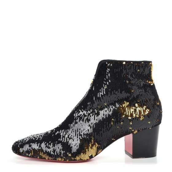 CHRISTIAN LOUBOUTIN Paillettes Disco 70S Ankle Boots 37 Black Gold 340612