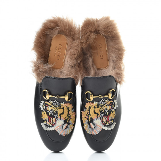 GUCCI Calfskin Fur Womens Tiger Embroidered Princetown Slippers 36 ...