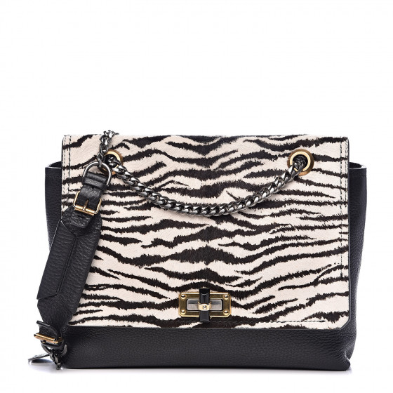 LANVIN Pony Hair Calfskin Zebra Print Medium Happy Shoulder Bag Black ...