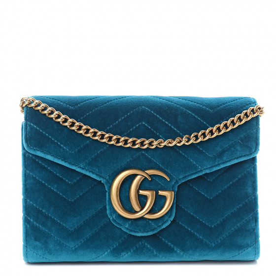 GUCCI Velvet Matelasse GG Marmont Chain Wallet Petrol Blue 571375