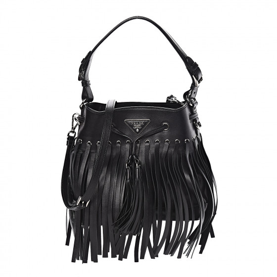 PRADA Soft Calfskin Fringe Bucket Bag Black 488010