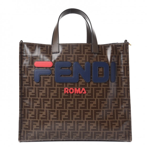 FENDI X FILA Glazed Fabric FF 1974 Mania Shopping Tote Bag Mogano Panna ...