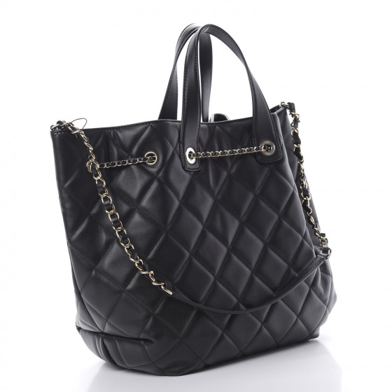 CHANEL Lambskin Quilted CC Dweller Drawstring Tote Black 626009